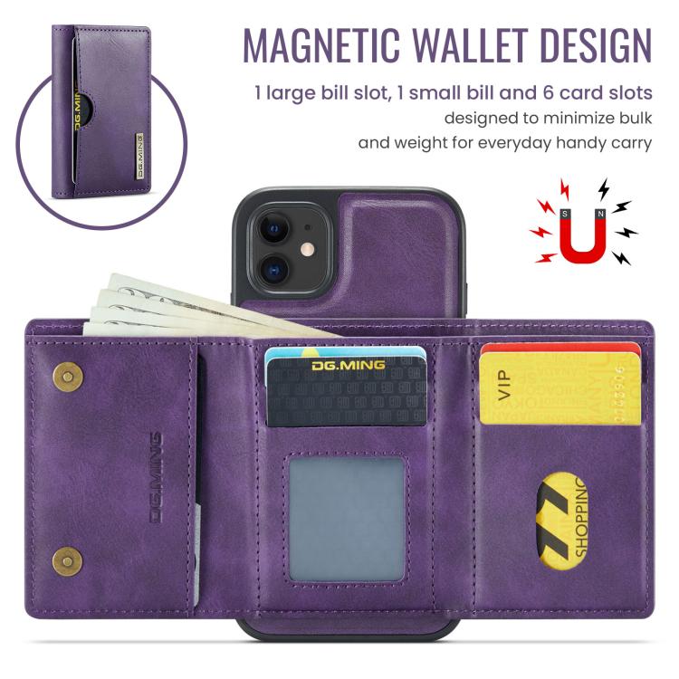 For iPhone 11 DG.MING M6 Series RFID Tri-fold Card Bag Removable Leather Phone Case