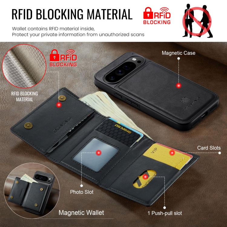 For Google Pixel 10 Pro XL DG.MING M6 Series RFID Tri-fold Card Bag Removable Leather Phone Case