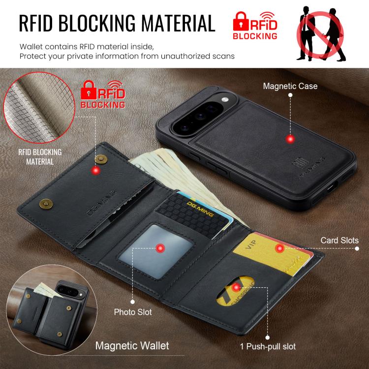 For Google Pixel 10 / Pixel 10 Pro DG.MING M6 Series RFID Tri-fold Card Bag Removable Leather Phone Case