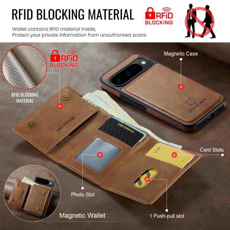 For Google Pixel 10 / Pixel 10 Pro DG.MING M6 Series RFID Tri-fold Card Bag Removable Leather Phone Case
