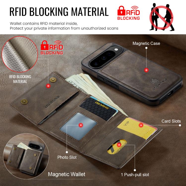 For Google Pixel 10 / Pixel 10 Pro DG.MING M6 Series RFID Tri-fold Card Bag Removable Leather Phone Case