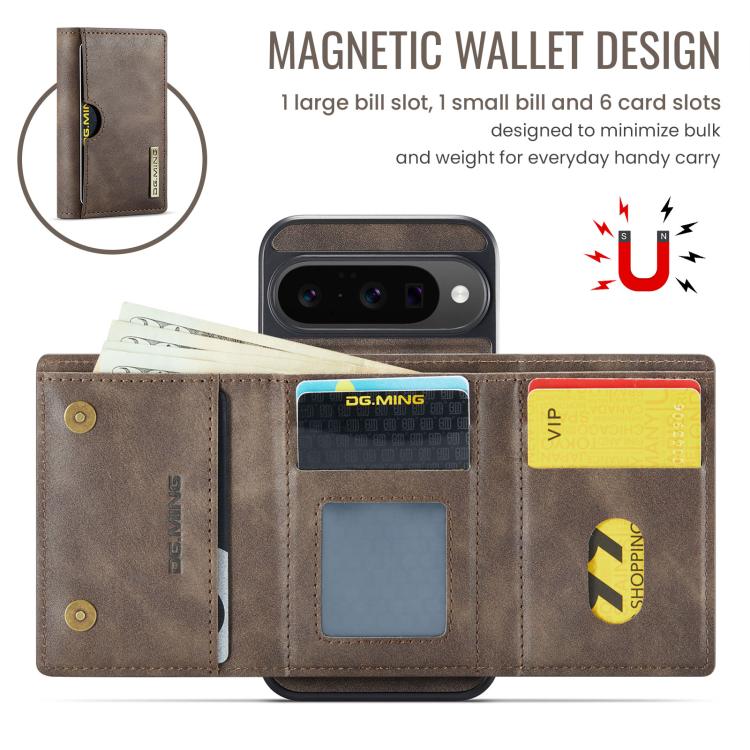 For Google Pixel 10 / Pixel 10 Pro DG.MING M6 Series RFID Tri-fold Card Bag Removable Leather Phone Case