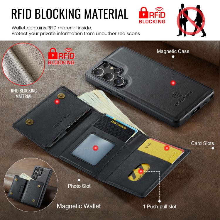 For Samsung Galaxy S25 Ultra 5G DG.MING M6 Series RFID Tri-fold Card Bag Removable Leather Phone Case