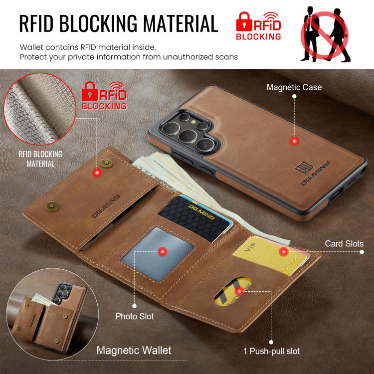 For Samsung Galaxy S25 Ultra 5G DG.MING M6 Series RFID Tri-fold Card Bag Removable Leather Phone Case