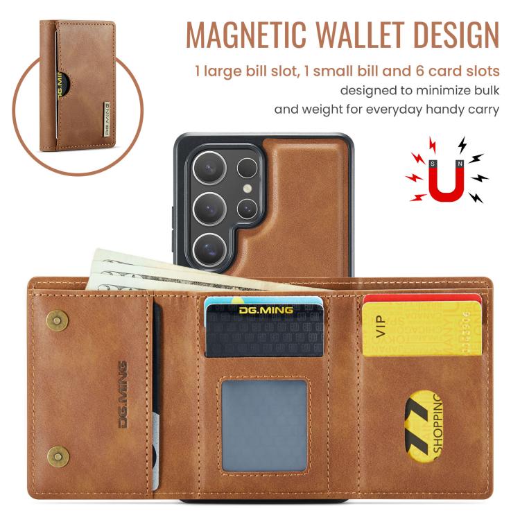 For Samsung Galaxy S25 Ultra 5G DG.MING M6 Series RFID Tri-fold Card Bag Removable Leather Phone Case