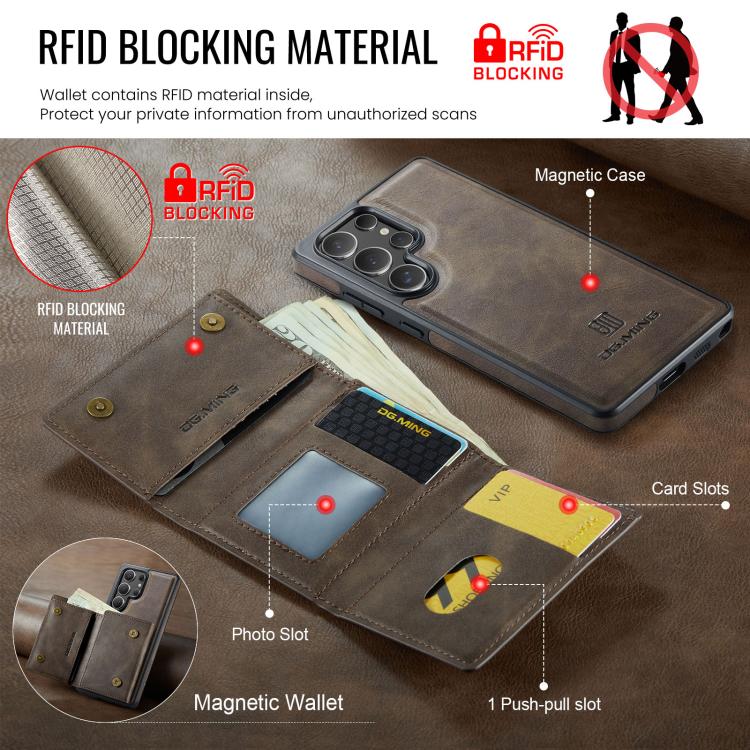 For Samsung Galaxy S25 Ultra 5G DG.MING M6 Series RFID Tri-fold Card Bag Removable Leather Phone Case