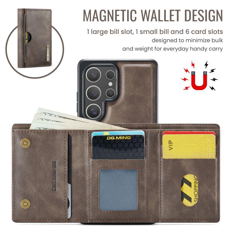 For Samsung Galaxy S25 Ultra 5G DG.MING M6 Series RFID Tri-fold Card Bag Removable Leather Phone Case