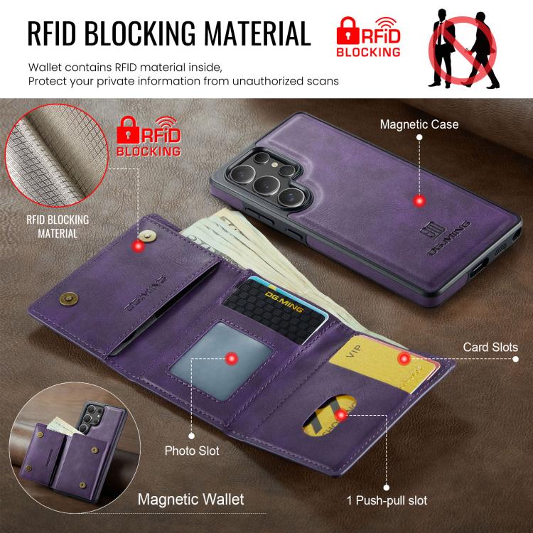 For Samsung Galaxy S25 Ultra 5G DG.MING M6 Series RFID Tri-fold Card Bag Removable Leather Phone Case
