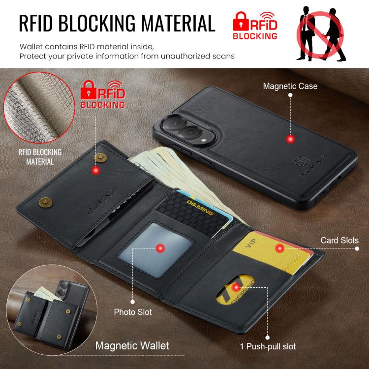 For Samsung Galaxy S25 Edge 5G DG.MING M6 Series RFID Tri-fold Card Bag Removable Leather Phone Case