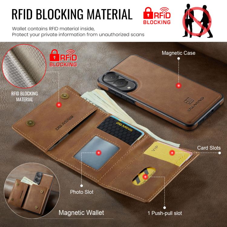 For Samsung Galaxy S25 Edge 5G DG.MING M6 Series RFID Tri-fold Card Bag Removable Leather Phone Case
