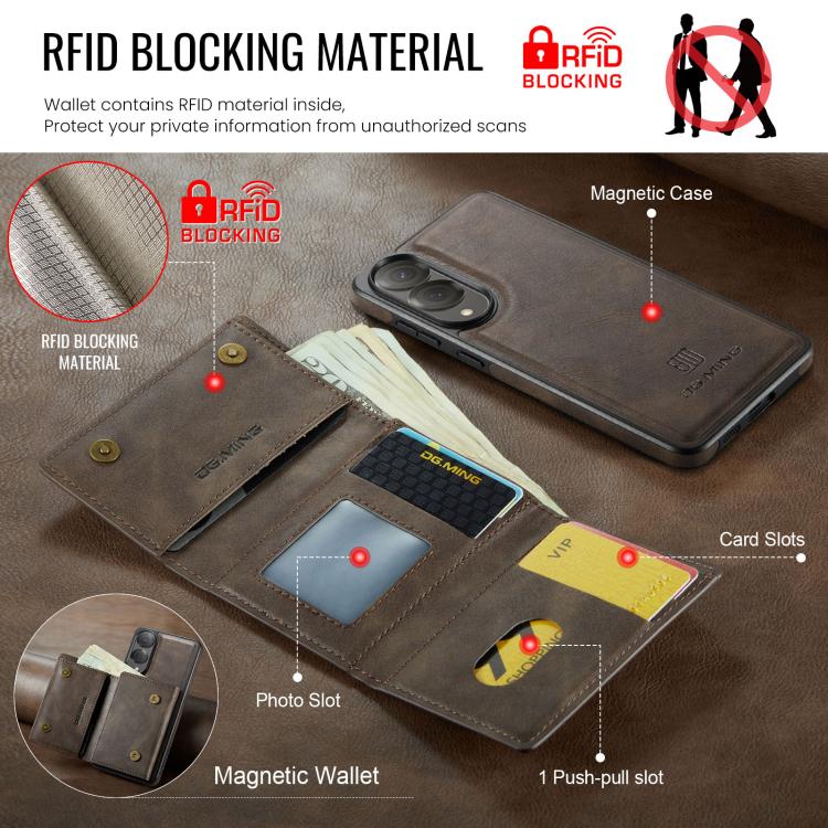 For Samsung Galaxy S25 Edge 5G DG.MING M6 Series RFID Tri-fold Card Bag Removable Leather Phone Case