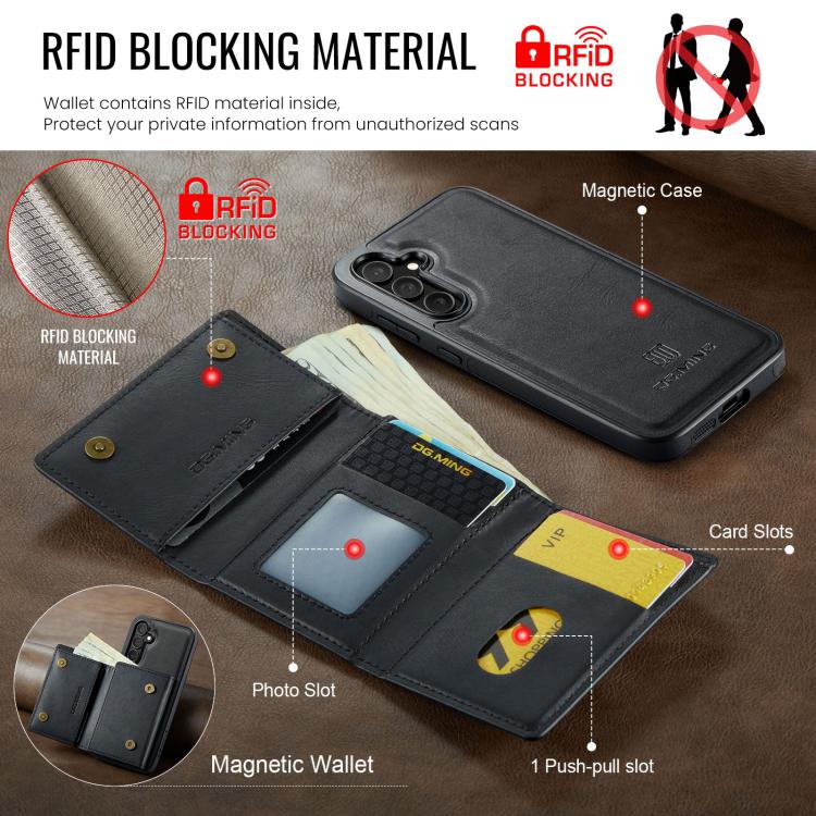 For Samsung Galaxy S25 FE 5G DG.MING M6 Series RFID Tri-fold Card Bag Removable Leather Phone Case