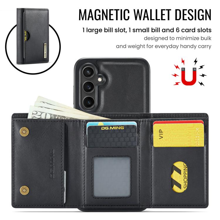 For Samsung Galaxy S25 FE 5G DG.MING M6 Series RFID Tri-fold Card Bag Removable Leather Phone Case