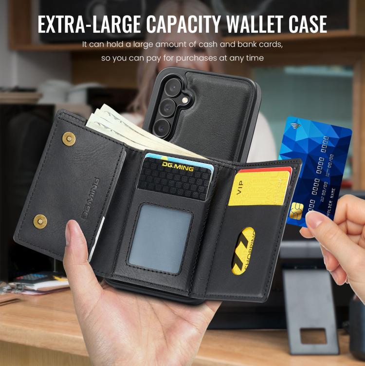 For Samsung Galaxy S25 FE 5G DG.MING M6 Series RFID Tri-fold Card Bag Removable Leather Phone Case