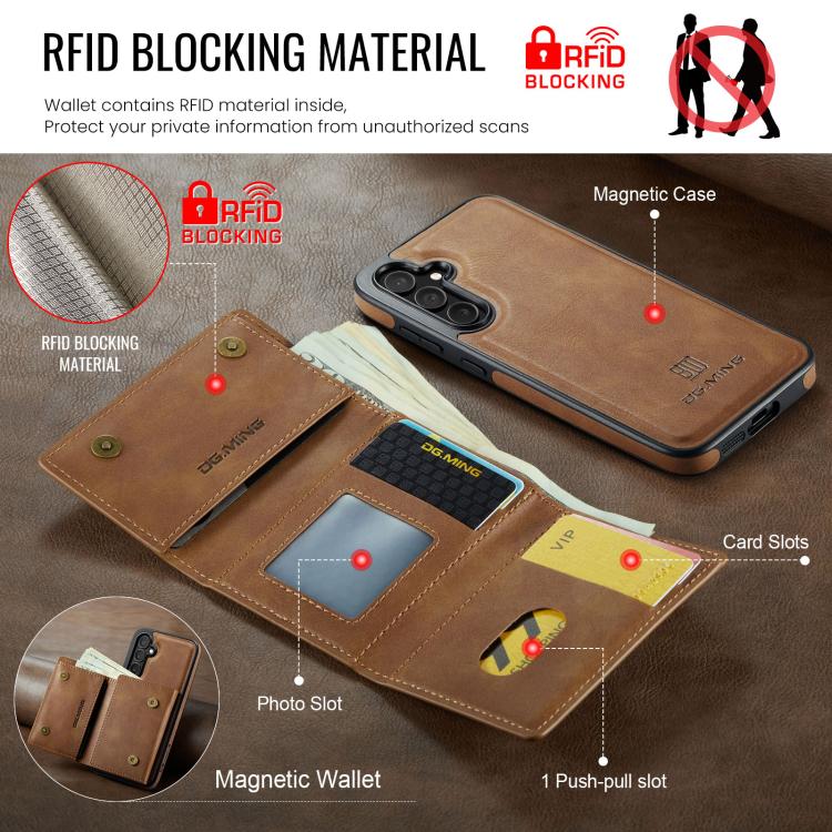 For Samsung Galaxy S25 FE 5G DG.MING M6 Series RFID Tri-fold Card Bag Removable Leather Phone Case
