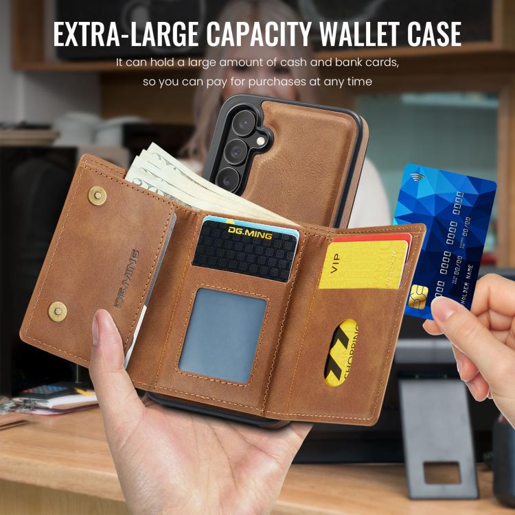 For Samsung Galaxy S25 FE 5G DG.MING M6 Series RFID Tri-fold Card Bag Removable Leather Phone Case