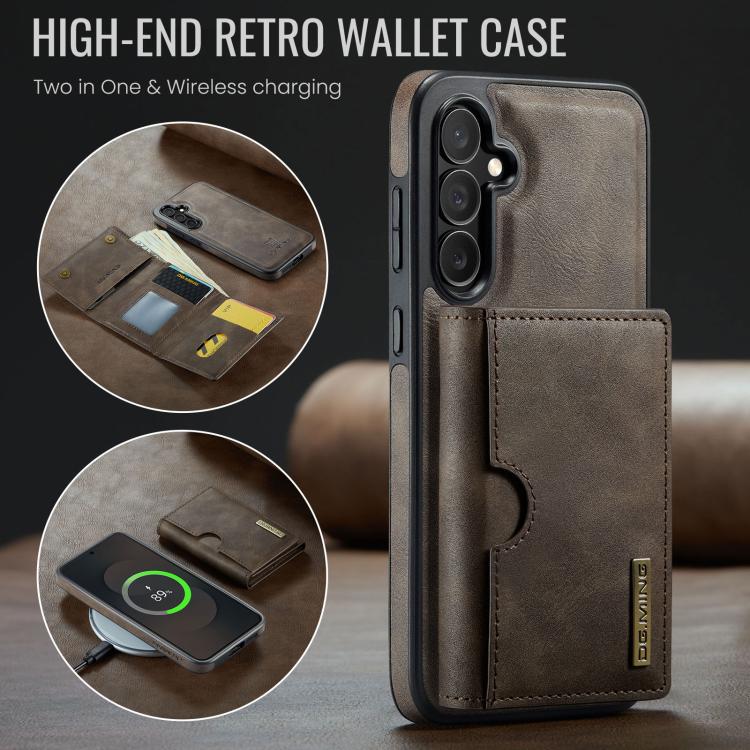 For Samsung Galaxy S25 FE 5G DG.MING M6 Series RFID Tri-fold Card Bag Removable Leather Phone Case