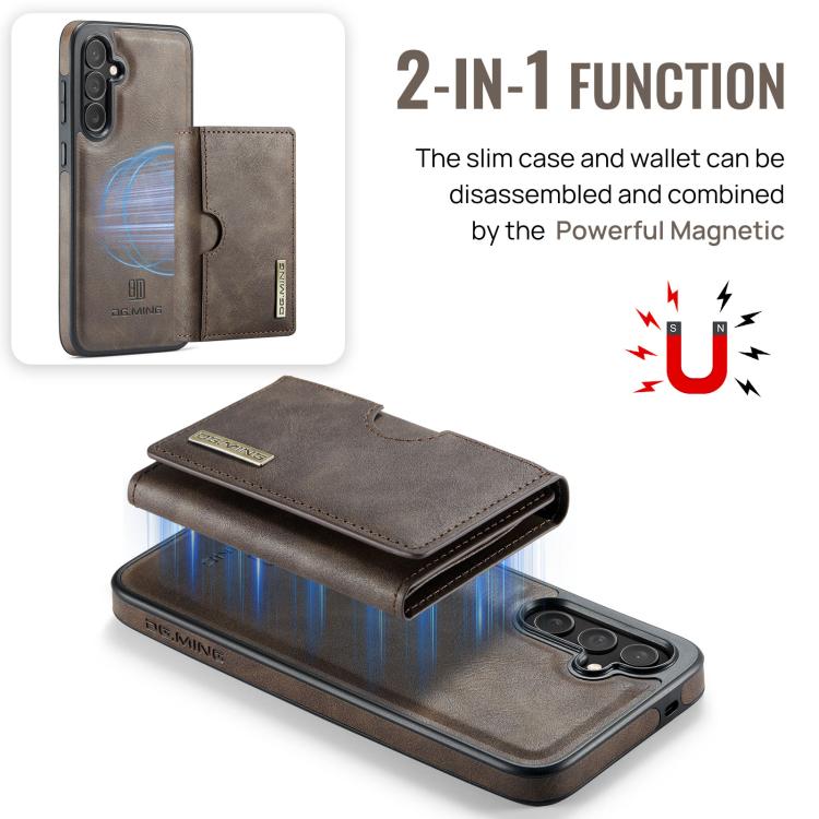 For Samsung Galaxy S25 FE 5G DG.MING M6 Series RFID Tri-fold Card Bag Removable Leather Phone Case
