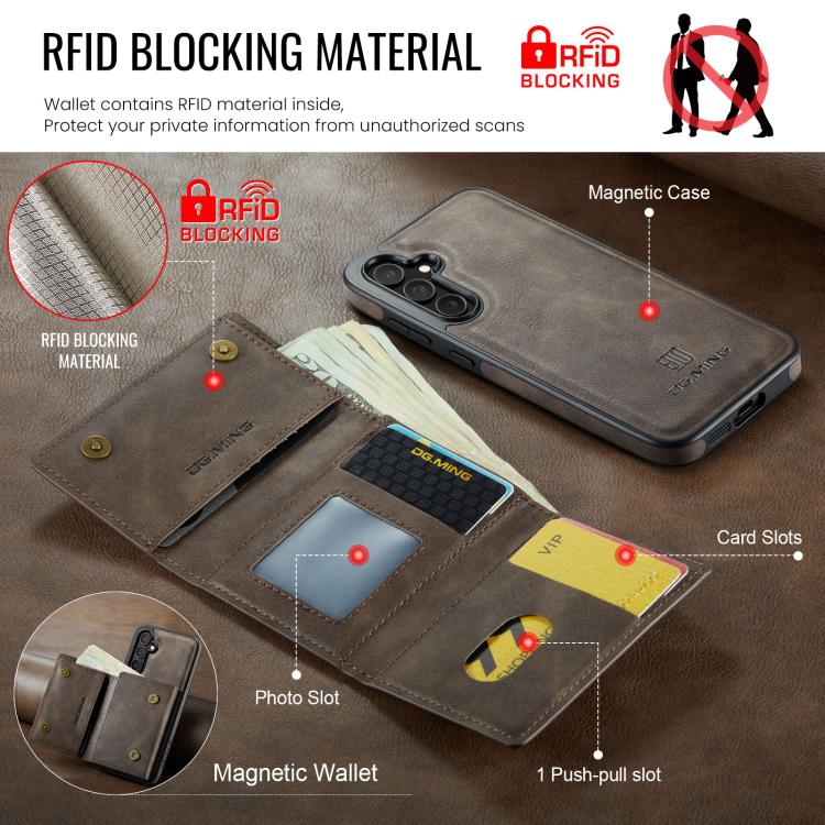 For Samsung Galaxy S25 FE 5G DG.MING M6 Series RFID Tri-fold Card Bag Removable Leather Phone Case