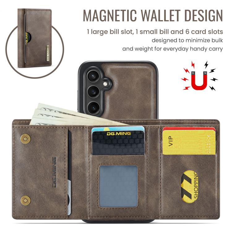 For Samsung Galaxy S25 FE 5G DG.MING M6 Series RFID Tri-fold Card Bag Removable Leather Phone Case