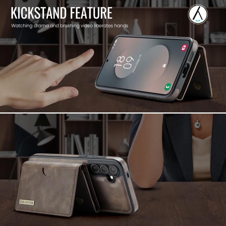 For Samsung Galaxy S25 FE 5G DG.MING M6 Series RFID Tri-fold Card Bag Removable Leather Phone Case