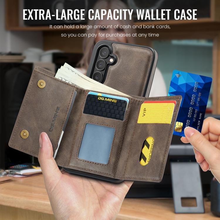 For Samsung Galaxy S25 FE 5G DG.MING M6 Series RFID Tri-fold Card Bag Removable Leather Phone Case