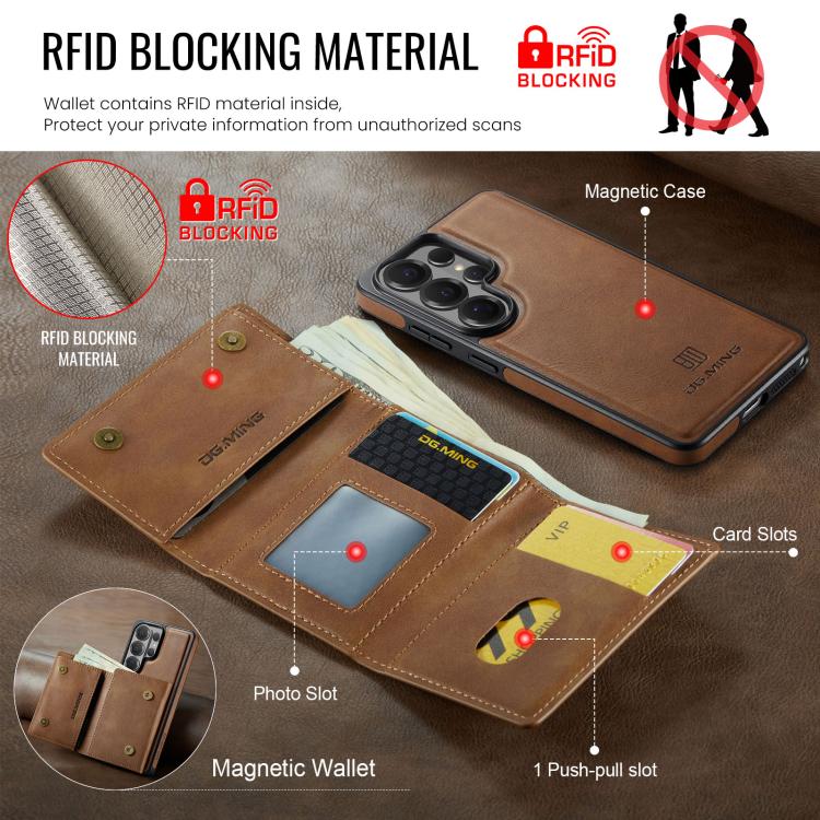 For Samsung Galaxy S26 Ultra 5G DG.MING M6 Series RFID Tri-fold Card Bag Removable Leather Phone Case