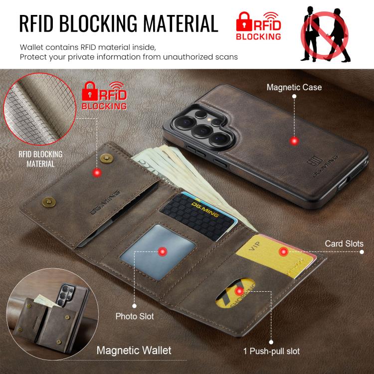 For Samsung Galaxy S26 Ultra 5G DG.MING M6 Series RFID Tri-fold Card Bag Removable Leather Phone Case