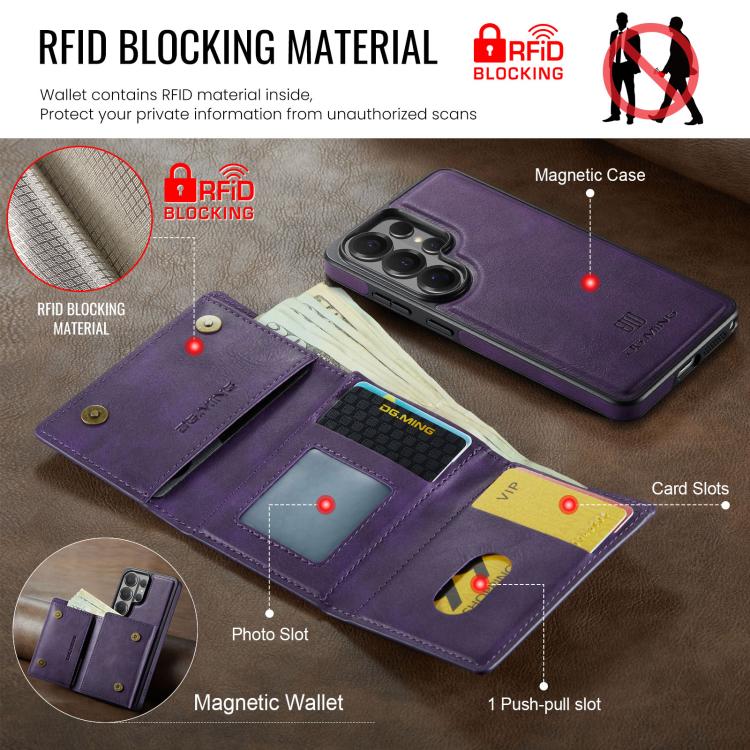For Samsung Galaxy S26 Ultra 5G DG.MING M6 Series RFID Tri-fold Card Bag Removable Leather Phone Case