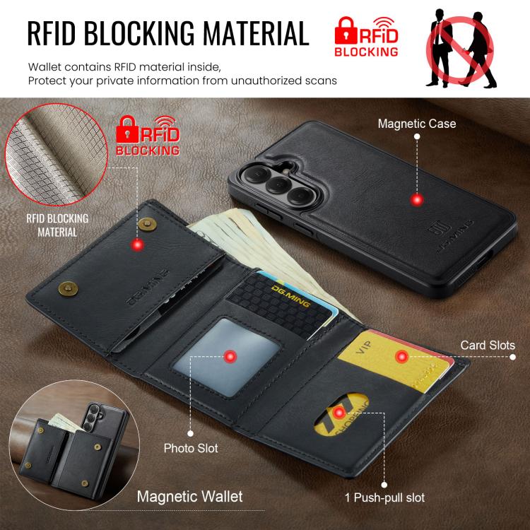 For Samsung Galaxy S26+ 5G DG.MING M6 Series RFID Tri-fold Card Bag Removable Leather Phone Case
