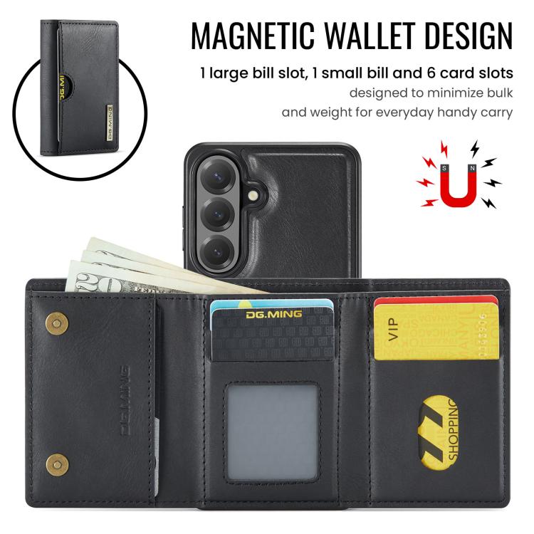 For Samsung Galaxy S26+ 5G DG.MING M6 Series RFID Tri-fold Card Bag Removable Leather Phone Case