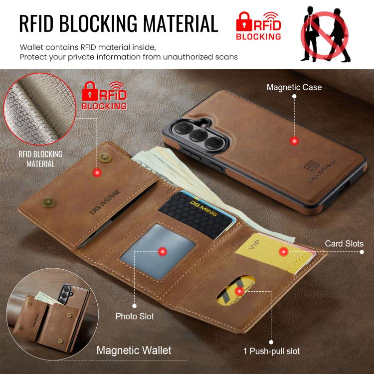 For Samsung Galaxy S26+ 5G DG.MING M6 Series RFID Tri-fold Card Bag Removable Leather Phone Case