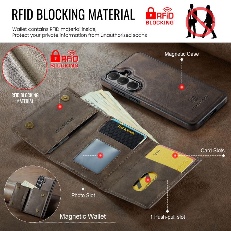 For Samsung Galaxy S26+ 5G DG.MING M6 Series RFID Tri-fold Card Bag Removable Leather Phone Case