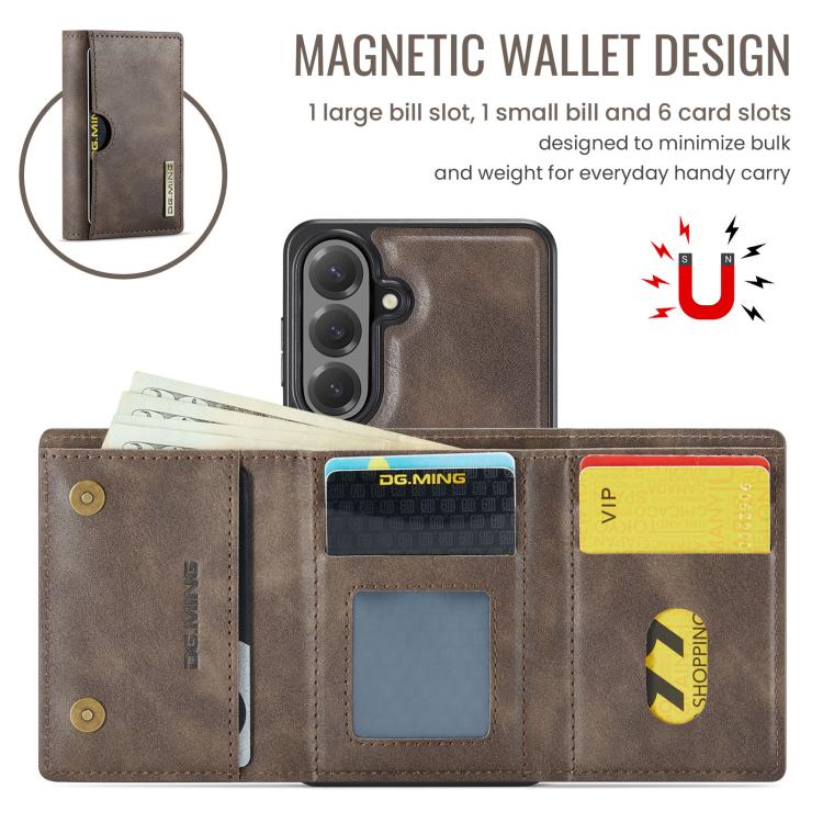 For Samsung Galaxy S26+ 5G DG.MING M6 Series RFID Tri-fold Card Bag Removable Leather Phone Case