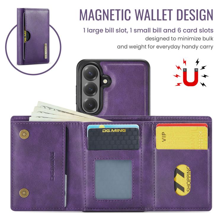 For Samsung Galaxy S26+ 5G DG.MING M6 Series RFID Tri-fold Card Bag Removable Leather Phone Case