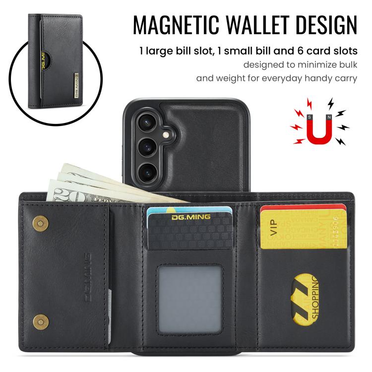 For Samsung Galaxy S25 5G DG.MING M6 Series RFID Tri-fold Card Bag Removable Leather Phone Case
