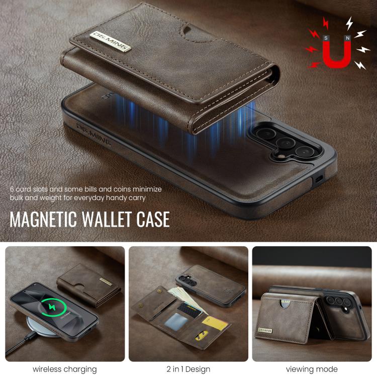 For Samsung Galaxy S25 5G DG.MING M6 Series RFID Tri-fold Card Bag Removable Leather Phone Case
