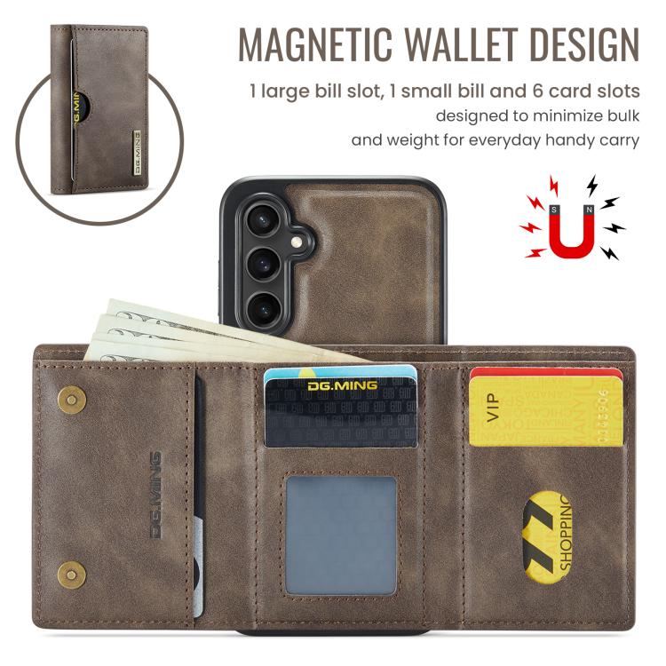 For Samsung Galaxy S25 5G DG.MING M6 Series RFID Tri-fold Card Bag Removable Leather Phone Case