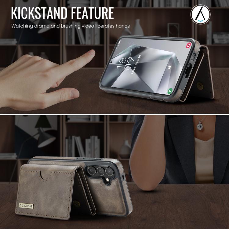 For Samsung Galaxy S25 5G DG.MING M6 Series RFID Tri-fold Card Bag Removable Leather Phone Case