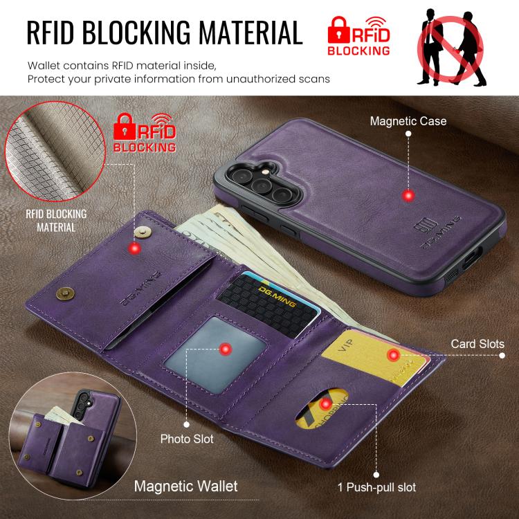For Samsung Galaxy S25 5G DG.MING M6 Series RFID Tri-fold Card Bag Removable Leather Phone Case