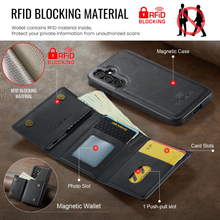For Samsung Galaxy S25+ 5G DG.MING M6 Series RFID Tri-fold Card Bag Removable Leather Phone Case