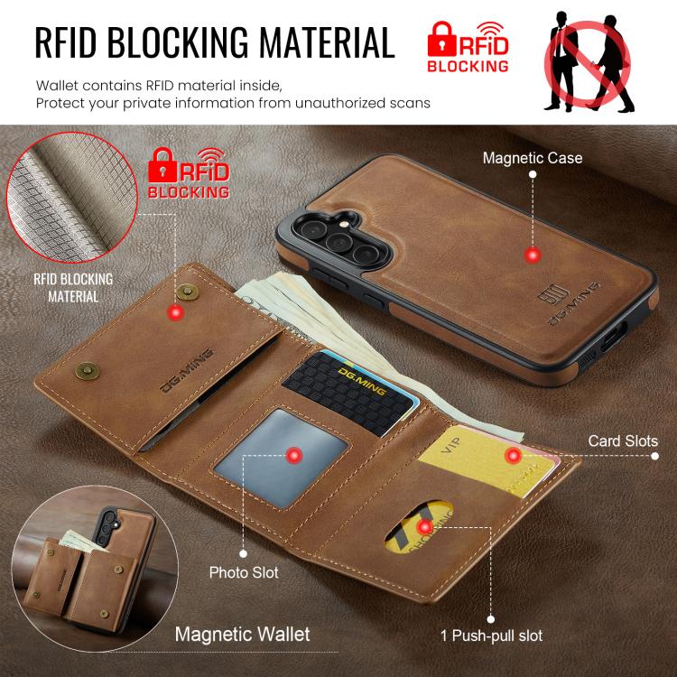 For Samsung Galaxy S25+ 5G DG.MING M6 Series RFID Tri-fold Card Bag Removable Leather Phone Case