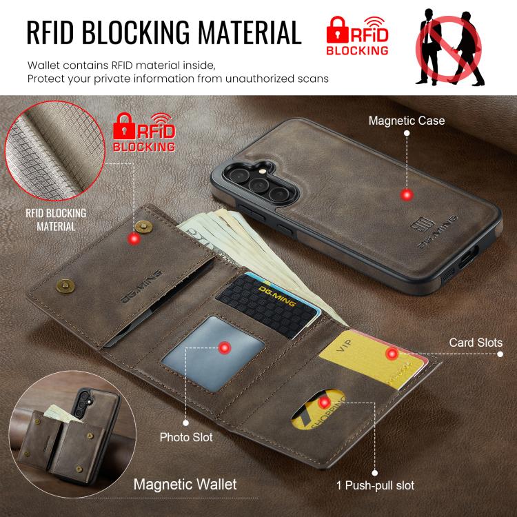 For Samsung Galaxy S25+ 5G DG.MING M6 Series RFID Tri-fold Card Bag Removable Leather Phone Case