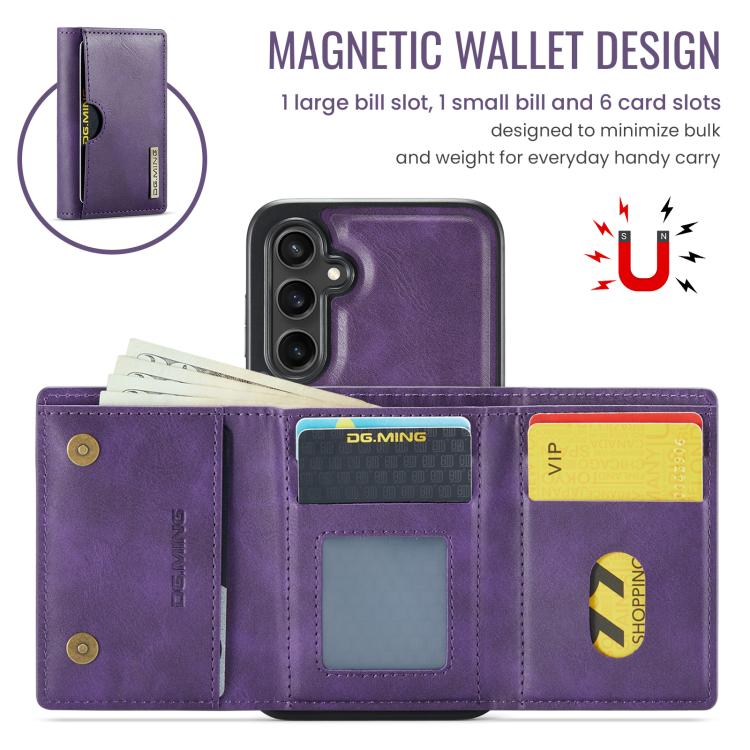 For Samsung Galaxy S25+ 5G DG.MING M6 Series RFID Tri-fold Card Bag Removable Leather Phone Case