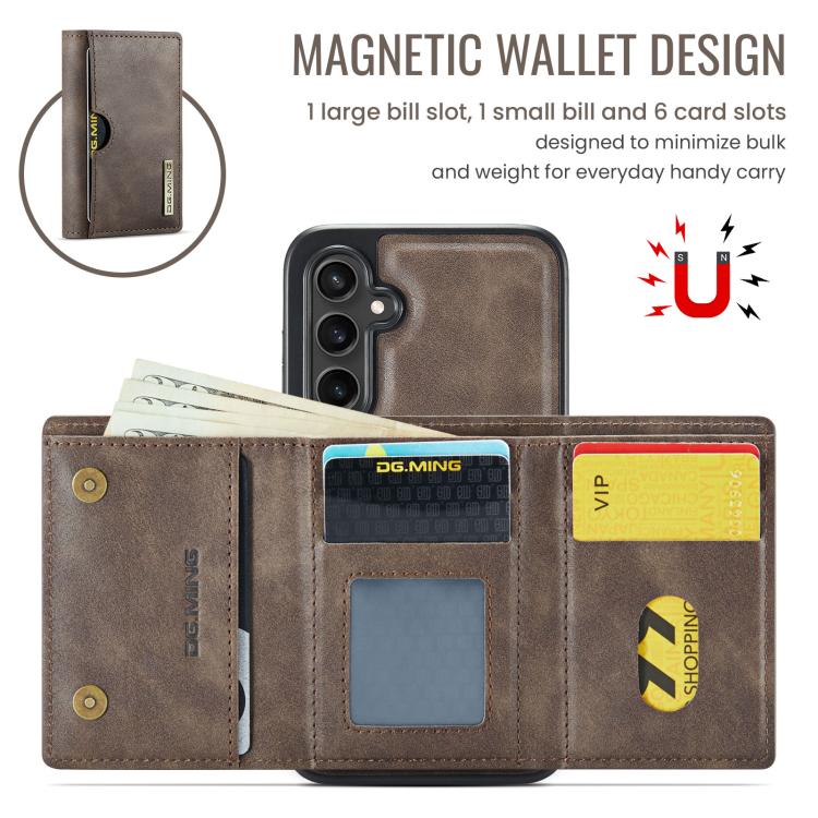 For Samsung Galaxy S24 5G DG.MING M6 Series RFID Tri-fold Card Bag Removable Leather Phone Case