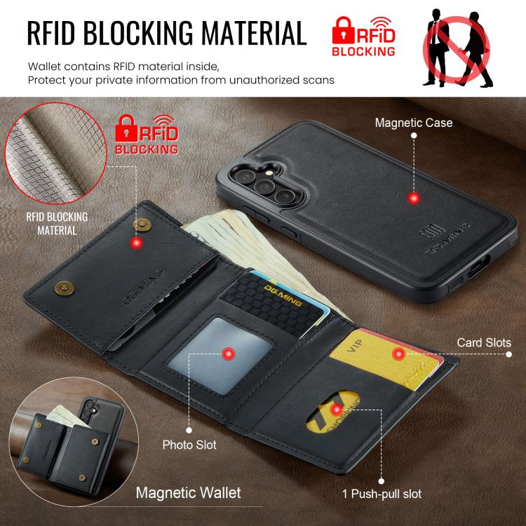For Samsung Galaxy S24 FE 5G DG.MING M6 Series RFID Tri-fold Card Bag Removable Leather Phone Case