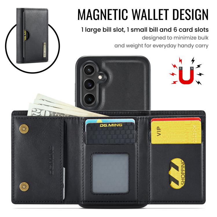 For Samsung Galaxy S24 FE 5G DG.MING M6 Series RFID Tri-fold Card Bag Removable Leather Phone Case
