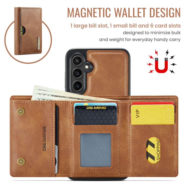 For Samsung Galaxy S24 FE 5G DG.MING M6 Series RFID Tri-fold Card Bag Removable Leather Phone Case