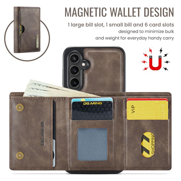 For Samsung Galaxy S24 FE 5G DG.MING M6 Series RFID Tri-fold Card Bag Removable Leather Phone Case