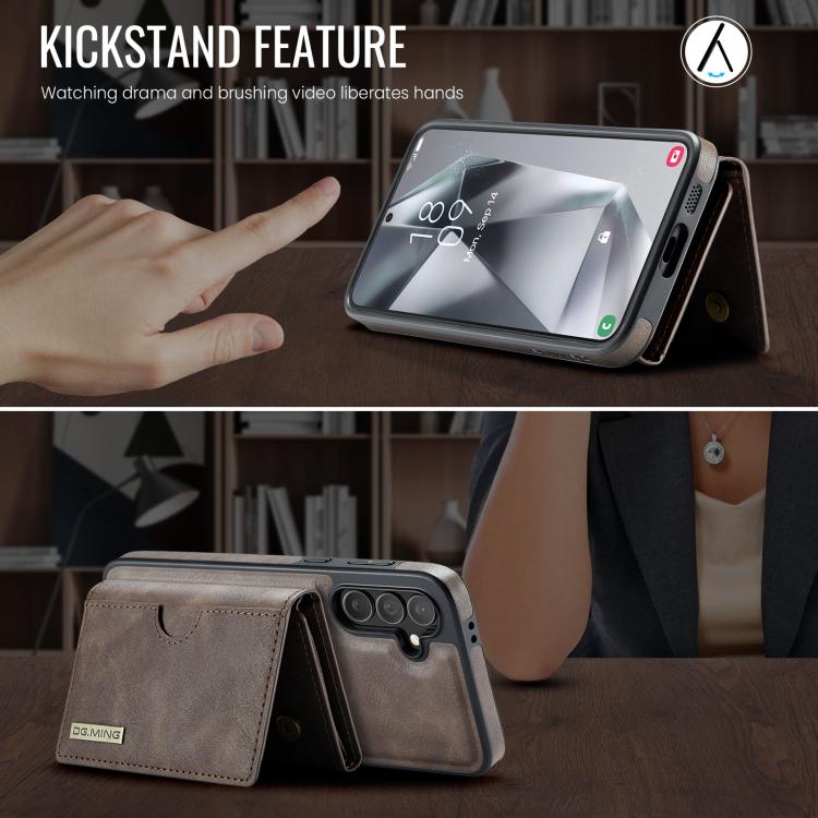 For Samsung Galaxy S24 FE 5G DG.MING M6 Series RFID Tri-fold Card Bag Removable Leather Phone Case